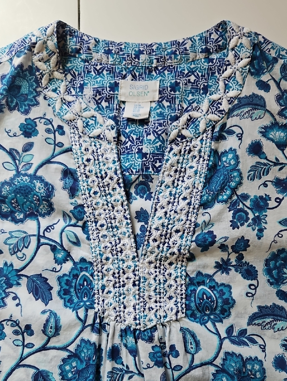 Sigrid Olsen Cotton Blue Floral Embroidered Sleeveless TunicTop Boho Cottage M - Picture 4 of 8